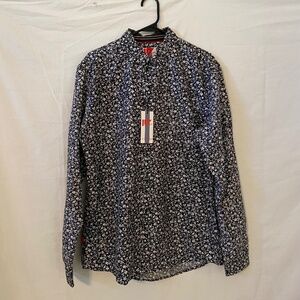 ID One Mens BlacK & White Floral Print Long Sleeve Button Down Shirt Size L NWT